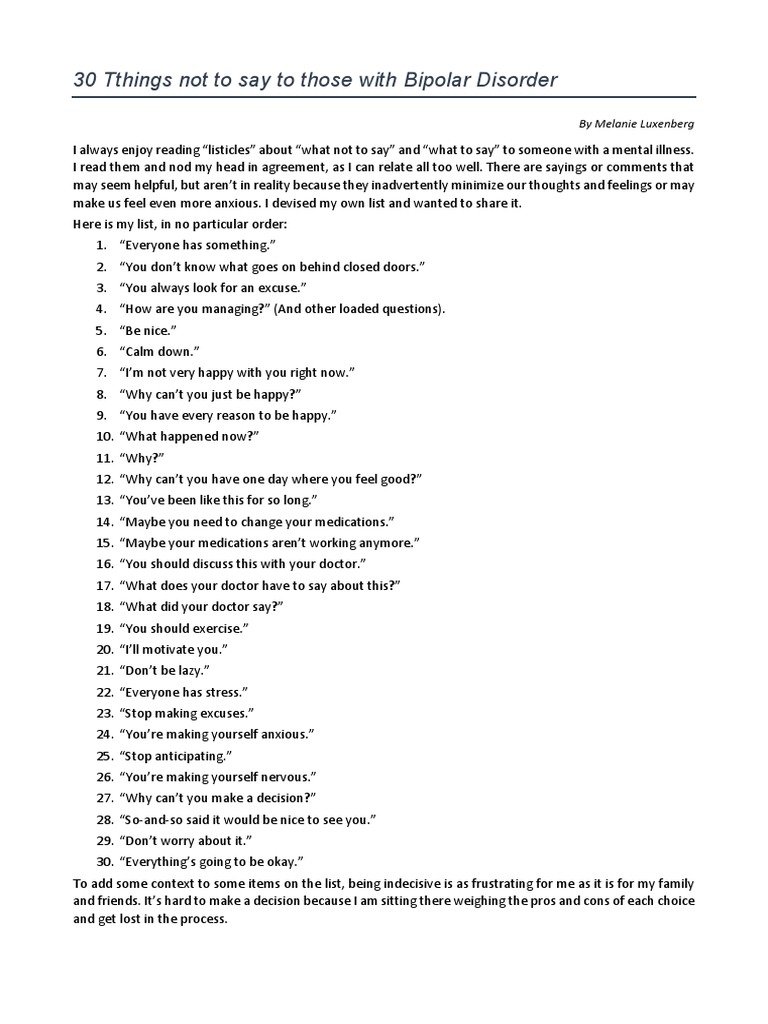 30 things not to say to those with Bipolar Disorder ...