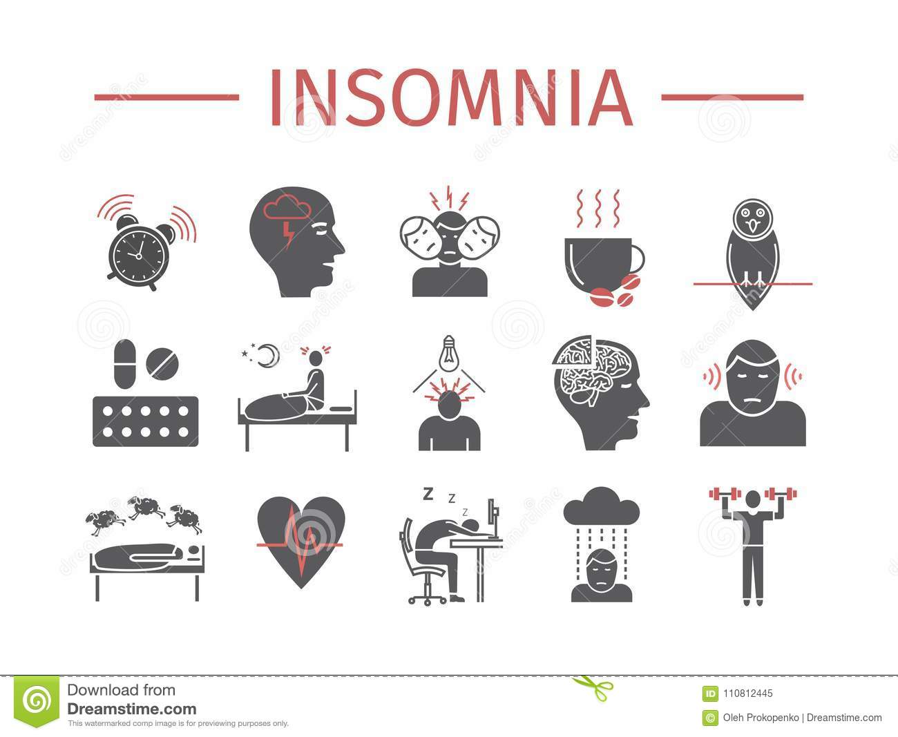 Insomnia, Symptoms. Flat Icons Set. Vector Signs For Web ...